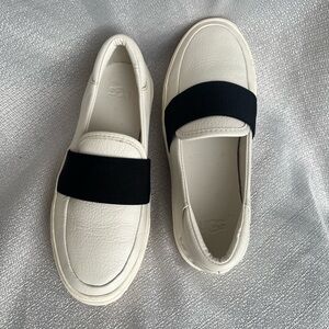 UGG White Leather Slip-On Loafers with Black Elastic Band